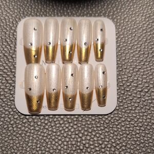 Gold and Cream Press-On Nails with Rhinestones